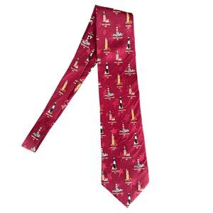 Tango by Max Raab Silk Tie 58in Wide Red Americana Lighthouse 1990s Vintage